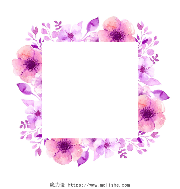 白色背景上的花卉方形框架水彩花、树叶、树枝的方形框架。在白色被隔绝的背景上。为婚礼请柬。水彩插图, 手绘.